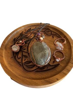 Handcrafted Copper Wire Labradorite Pendant + Agate Pendant + 2 Moonstone Rings